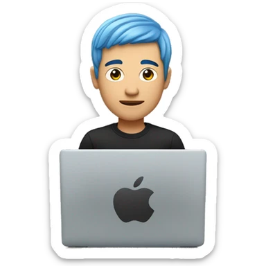 memoji of an asian man with a laptop in front, apple-style, modern, blue hair, black sweater, computer in hand, sites on a desk sticker