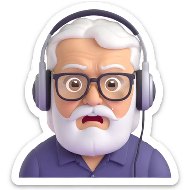Brown old man with medium white hair, wearing glasses and headphones, looking surprised and angry, no facial hair, chubby, looking to the upper left corner sticker