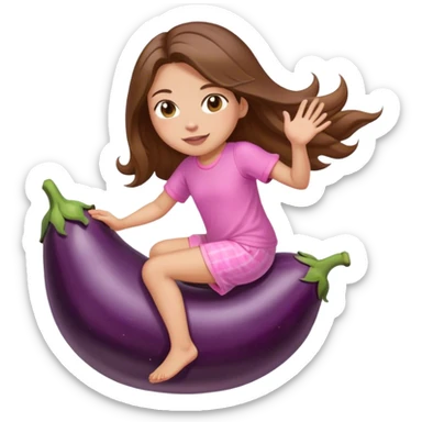 girl with long brown hair riding eggplant in shorts pink pijamas sticker