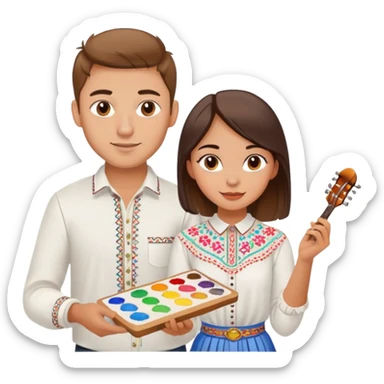 a guy in a white Ukrainian embroidered shirt and a girl in a white Ukrainian embroidered shirt, holding music and a paint palette sticker