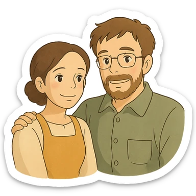 ghibli style illustration of two parents, warm and gentle sticker