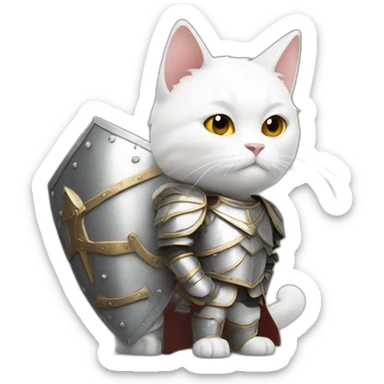 White cat in armor defending man sticker
