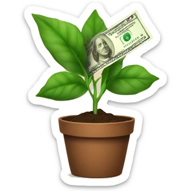 a plant in a brown pot growing dollar bills as the tree sticker