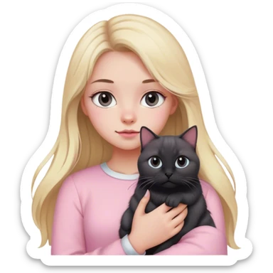 girl with blond long hair, grey eyes and fair skin in pink pastel clothes holds a black British cat in her arms sticker