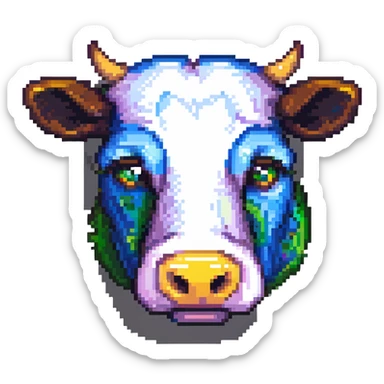 simple blocky Minecraft cow head emoji with 2 or 3 large colorful square pixels, chunky, playful, childlike sticker