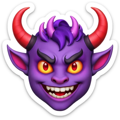 "Smiling face with horns devil emoji, purple skin, curved black horns, mischievous grin with fangs, pointed eyebrows, glowing red eyes, simple white background, cartoon emoji style, high detail, vibrant colors, isolated sticker