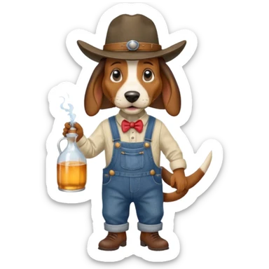 toothless hillbilly basset hound wearing a stetson and dungarees carrying moonshine sticker