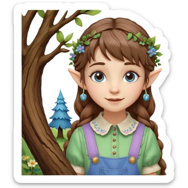 Kind happy whimsical quirky Girl toymaker, wood carving elf. Woodland nature creator. Blue eyes. brown hair (short just-below chin length) wavy hair & bangs. Whimsical playful cute. Overalls with nature embroidered cute shirt collar. Light green, light purple and light blue colour aesthetic  sticker