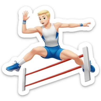 An icon of an white-skined athlete soaring over a hurdle, mid-jump, with a powerful form. The background features a vibrant stadium, with the track and hurdles in sharp focus, and a cheering crowd along the stands. The motion of the jump emphasizes speed and agility. Transparent background. sticker