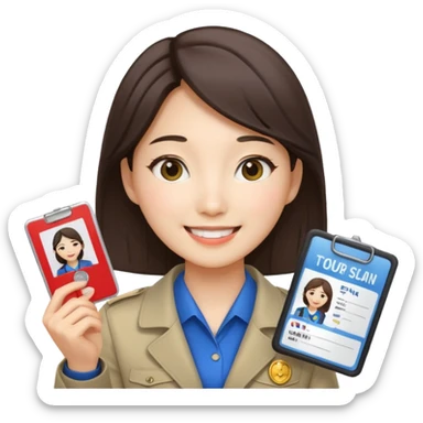 A Korean female tour guide holds her license. sticker