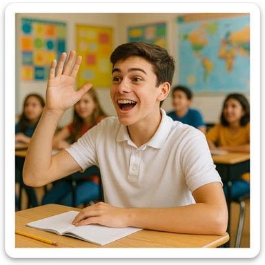 male student wearing a white polo shirt, actively participating in a school activity, energetic and engaged, classroom setting sticker