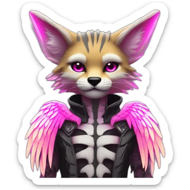 Coyote ocelot standing with grey and black fur and phoenix wings on back and pink ears half skeleton, neon lights sticker