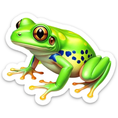 Cinematic Noble Green Tree Frog Portrait Emoji, Poised and alert, with a compact, vibrant body clad in bright, glossy green skin accented by delicate, sticky toe pads and large, bulging, observant eyes, Simplified yet sharp and sophisticated features, highly detailed, glowing with a soft, verdant luminescence, high shine, intelligent and sprightly, stylized with an air of tropical elegance, focused and attentive, soft glowing outline, capturing the essence of a watchful and confident amphibian that appears ready to leap out of the screen with effortless agility! sticker