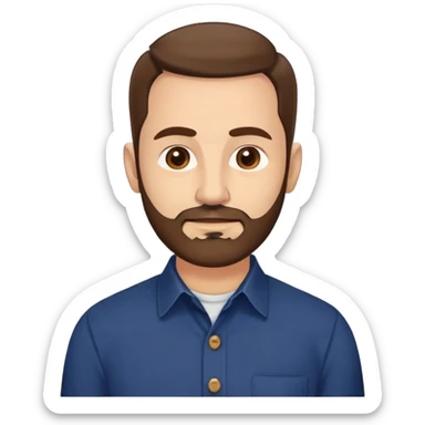 Man in his mid-50s with light skin tone. Round face with broad cheekbones. Lively brown eyes, prominent eyebrows. Full brown hair with minimal recession at temples. Brown beard covering jaw and chin. Slight smile. Wearing a navy button-down shirt. sticker