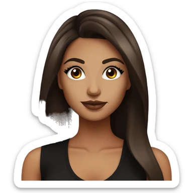 Tan girl with brown eyes and dark brown long hair with lashes holding espresso martini. Wearing makeup and black top sticker