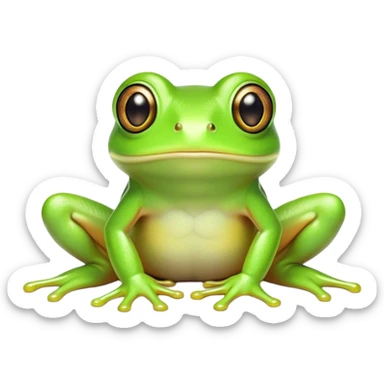 Cinematic Cute Green Tree Frog Portrait Emoji, Head tilted playfully and inquisitively, featuring a charmingly compact form with vivid green, slightly textured skin, prominent sticky toe pads, and round, sparkling eyes full of playful wonder, Simplified yet irresistibly adorable features, highly detailed, glowing with a warm, inviting jungle glow, high shine, affectionate and lively, stylized with a touch of tropical whimsy, soft glowing outline, capturing the essence of a mischievous yet loving frog that seems as if it could hop out of the screen into your arms! sticker