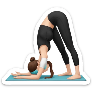 Minimalist flat vector illustration of a woman doing yoga in forward fold pose (Uttanasana), wearing sportswear (black top and black shorts), brown hair in a bun, clean white background, no face details, elegant style sticker