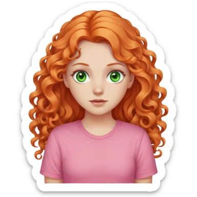 white pale girl with long curly orange hair, green eyes, pink shirt sticker