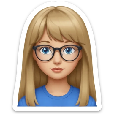 A girl with dark blonde long hair and bangs and glasses and blue eyes sticker