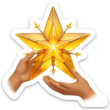 A radiant yellow dream star emerges, carefully being built by hands connecting delicate strands of golden thread and translucent panels of glowing amber glass incomplete sticker