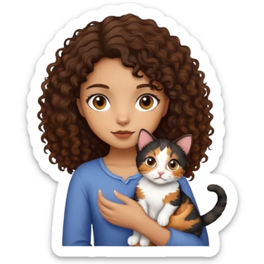 Light brown skin, dark curly hair, girl holding calico cat sticker