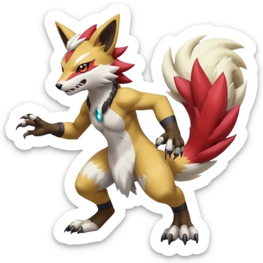 WereGarurumon-Obstagoon-Meloetta-Renamon-Zangoose-fusion-hybrid-creature (full body) sticker