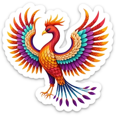String art icon, large colorful phoenix bird in frontal view, intricate geometric patterns with threads, vibrant colors, minimalistic style, clean lines, transparent background. sticker