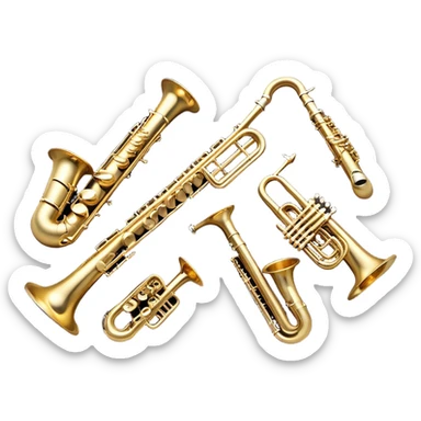 Create a dynamic and vibrant emoji representing a collection of wind instruments. The design should feature a variety of classic wind instruments, including a trumpet, saxophone, clarinet, flute, and trombone, arranged in an artistic and harmonious way. Each instrument should be detailed with its unique features, such as the shiny brass of the trumpet, the sleek keys of the clarinet, and the elegant curves of the saxophone. Add subtle musical notes or soundwaves flowing around the instruments to represent the collective music they create. Use warm metallic tones like gold, silver, and brass, along with deep wood tones for the wooden instruments, to evoke the rich, diverse sounds of wind instruments. The background should be transparent. sticker