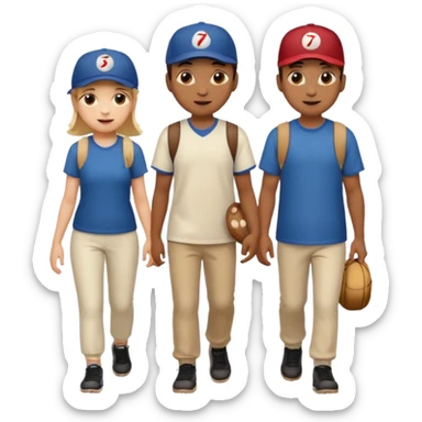 iOS emoji style. 2 adult friends and a young teenager wearing a baseball hat walking and talking.  sticker