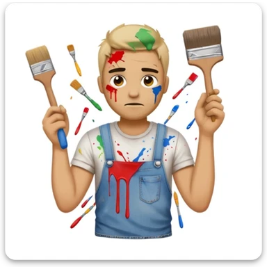 bewildered house painter emoji wearing torn jeans and stained t-shirt, holding a broken paintbrush, paint splatters on face and arms, messy room background sticker