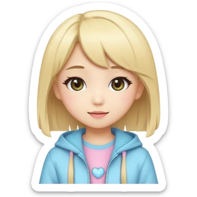 Cute kawaii emoji-style Japanese K-pop girl, blonde hair, trendy K-pop outfit with Japanese cute fashion vibes, big sparkling eyes, chibi proportions, clean lineart, pastel colors, cheerful idol smile, sticker/emoji style, transparent background sticker