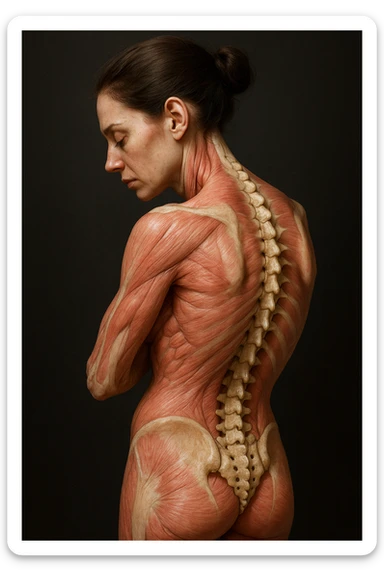 CORPO UMANO ANATOMICO di una donna di profilo con spalle chiuse e postura incurvata, spina dorsale in evidenza, IPERREALISTICO 4K sticker