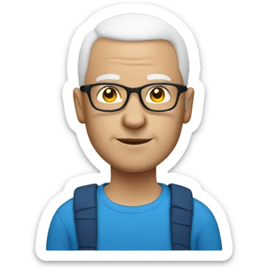 A white swedish bald man with glasses and a blue tshirt sticker