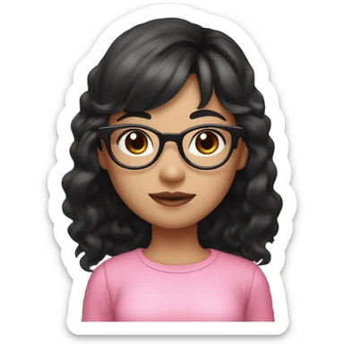 An Asian girl with light skin, black eyes, and medium-length wavy black hair with bangs. She’s wearing round metal glasses, has black eyebrows, pink lips, and a warm smile. She’s dressed in a pink crop top sticker