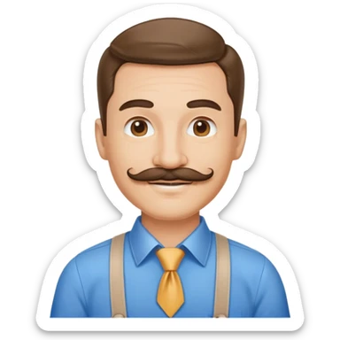 Business owner, well dressed, blue shirt, mustache, happy sticker