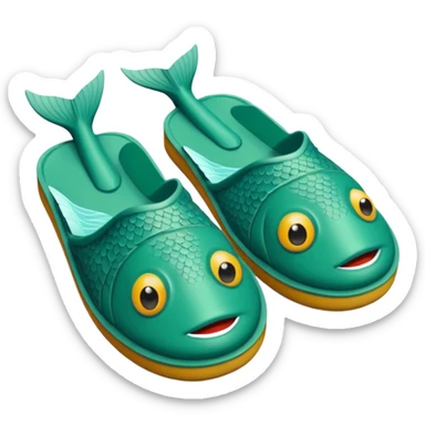 slightly green rubber pool slippers with carp eyes on the top and fish tail in the back sticker