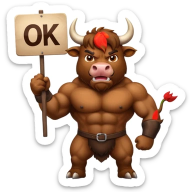 Angry powerful bull emoji holding a sign with the words OK in front of it sticker