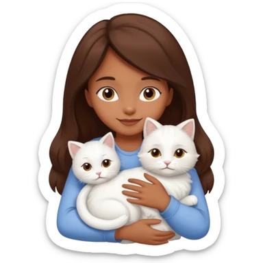 A brown skinned brunette girl hugging a white cat sticker