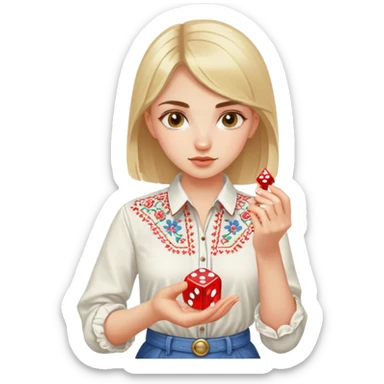 A Ukrainian girlin an embroidered shirt holds a dice in her hand sticker