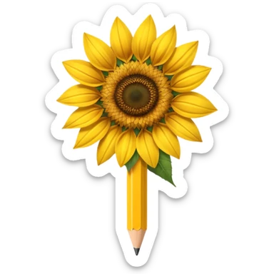 A hyper-realistic object that is half sunflower and half wooden pencil, merging seamlessly at the midpoint. Bright yellow petals, natural textures, detailed graphite tip, soft studio lighting, high-resolution. sticker