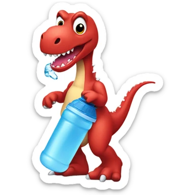 A red trex with a water bottle, wearing a black bow sticker