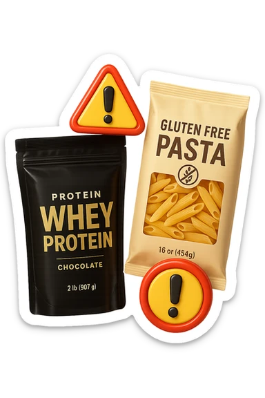 SU QUESTO STILE FAI UN EMOJI STILE IPHONE 3D DI UN pacco di whey protein e un pacco di pasta senza glutine che fluttuano in aria insieme a segnali di pericolo in 3d, FALLO MOLTO REALISTICO IN 3D sticker