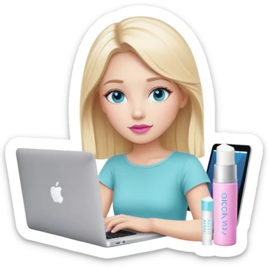 blonde long hair girl using macbook emoji. she has blue eyes and there is tatcha longevity cream (teal colour) and Summer fridays lip balm (pink sugar) in front of the laptop sticker