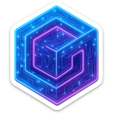 Transform the Gamecube logo into a cyberpunk, holographic style with glowing neon blue and pink edges, circuit patterns throughout the entire icon, and a transparent background. Maintain the recognizable Gamecube cube shape and purple color, overlaying neon and circuit effects in the same futuristic, clean style as previous cyberpunk icons. The whole icon should have a consistent cyberpunk glow and intricate circuit details in a sleek, futuristic manner. sticker
