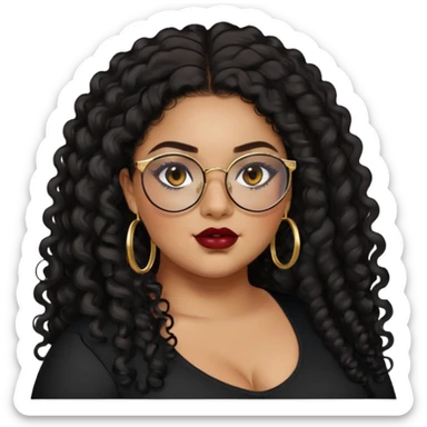 teen big plus size, latina, darker tan skin, gold hoops, long black curly hair, baddie,pretty, makeup, dark red lipgloss, black eyeliner, long hair, black shirt, BLACK glasses sticker