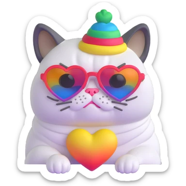 grumpy cat wearing a rainbow beanie and heart-shaped sunglasses sticker
