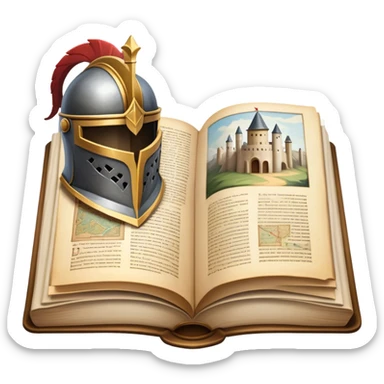 Icon for Historical Fiction Reading: an open book with pages showing ancient scrolls, a quill, a large knight's helmet, bowl and a parchment map. The icon should evoke the adventure and grandeur of historical settings and storytelling. Transparent background. sticker
