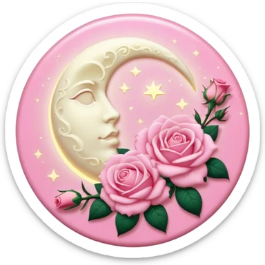 A round pink button with a light cream full damask moon and pink roses in the center sticker