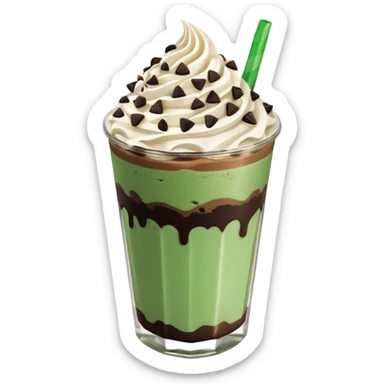 Vaso de vidrio con Frappé color café, crema en la parte superior con popote verde insertado en la crema, agregar encima de la crema chispas de chocolate. Colocar arriba de la crema insertada una galleta tipo oreo. sticker