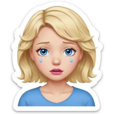 Girl Blonde short wavy hair,  blue eyes, cute blue top, long lashes, pink lips,crying with big tears running down the face  sticker